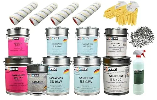 SAMATEC Bodenbeschichtung Komplett Set Kieselgrau RAL 7032 für 50m² - Dieses All-in-One Set umfasst alles für eine professionelle Bodenbeschichtung: Grundierung, Haftvermittler, Versiegelung und Werkzeuge. Ideal für hohe Belastungen und einfache Anwendung, perfekt für Ihre Projekte.