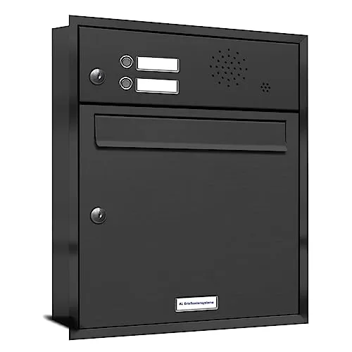 AL Unterputzbriefkasten mit Klingel in Anthrazit Grau RAL 7016 - Wetterfester 1er Briefkasten mit langlebiger Garantie gegen Durchrostung, ideal für Einfamilienhäuser, modernes Design und Geräuschdämmung durch verstärkte Einwurfklappen.