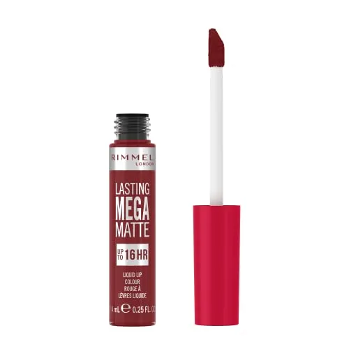 Rimmel London Flüssiger Lippenstift, Lasting Mega Matte, flüssiger Lippenstift, lang anhaltend, für weiche Lippen mit Finish Matte, vegane Formel mit Squalen und Kokosöl - 930 Ruby Passion, 7,4 ml