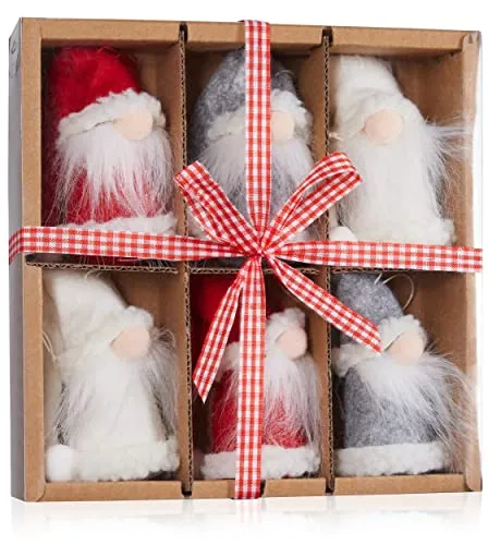 BRUBAKER 6-teiliges Set Weihnachtszwerge aus Holz und Strick - Baumanhänger Weihnachtsmänner Wichtel - Weihnachtsanhänger Gnom Groß - 9 cm Baumschmuck Weihnachtswichtel in Geschenkbox
