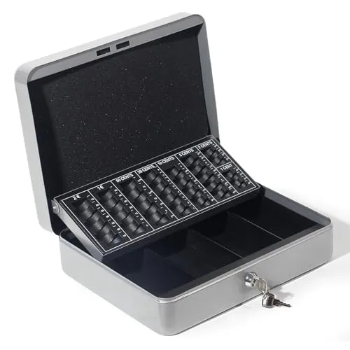 GREELUE Geldkassette mit münzzählbrett, Kasse Abschließbar, Cash Box Groß, Spardose, Geld organizer (Silber-30cm)