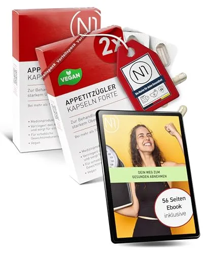 N1 Appetitzügler FORTE - Effektiver Appetitzügler für schnelles Abnehmen - Appetithemmer mit patentierten Pflanzenfasern, die Heißhungerattacken reduzieren und dir helfen, kalorienarm abzunehmen – für fühlbare Erfolge ohne Verzicht.