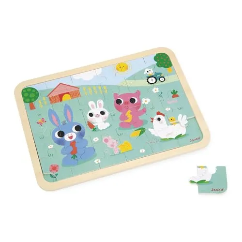 Janod - Holzpuzzle 24 Teile Kinder ab 4 Jahren - Thema Bauernhof - Modell inkl. + Spiel der 5 Fehler auf dem Tablett - Fördert Konzentration und Beobachtungsgabe - FSC-Produkt - J07126