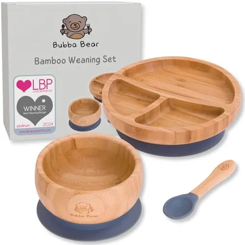 Bubba Bear Kindergeschirr-Set | Unterteilte Babyteller mit Saugnapf - Schüsseln für Kleinkinder aus biologischem Bambus und BPA-freiem Silikon, mit starkem Saugnapf für weniger Unordnung beim Füttern und ideal für die erste Entwöhnung.