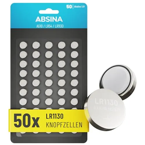 AG10 LR1130 Knopfzelle 50er Pack - Langlebige 1,5V Alkaline Batterien - Batterien für vielfältige Anwendungen, besonders langlebig mit bis zu 5 Jahren Lagerfähigkeit und ideal für Fieberthermometer, Uhren, Spielzeug und mehr.