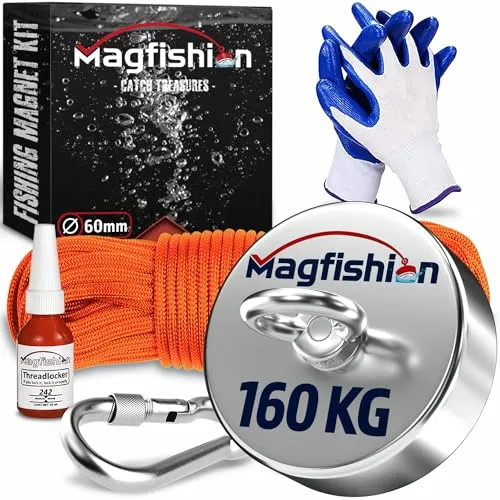 Produktbild Magfishion Magnetfischen Set – 160 kg Neodym Magnet mit 20m Seil und Handschuhe