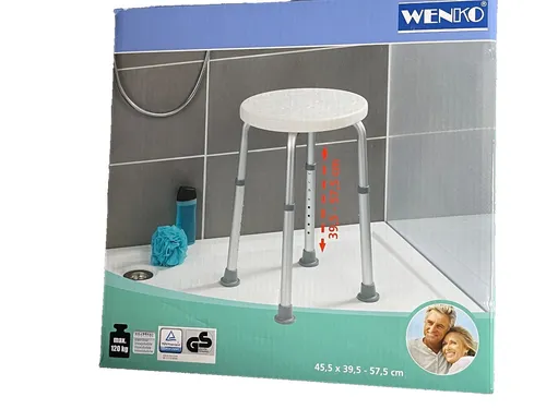 WENKO Duschhocker Secura - Höhenverstellbar und Sicher - Dusch- & Badestühle: Hochwertiger, TÜV/GS geprüfter Duschhocker mit 8-facher Höhenverstellung und Tragkraft bis 120 kg für mehr Sicherheit in Bad und Dusche.