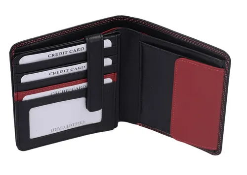 GlücksNugget Geldbörse Herrenbörse aus Leder, schwarz/rot - Elegante Kombibörse mit 15 Kreditkartenfächern und praktischem Ausweissichtfach. Ideal für den täglichen Gebrauch, Maße: 12x10,5x3 cm, aus hochwertigem Leder gefertigt.
