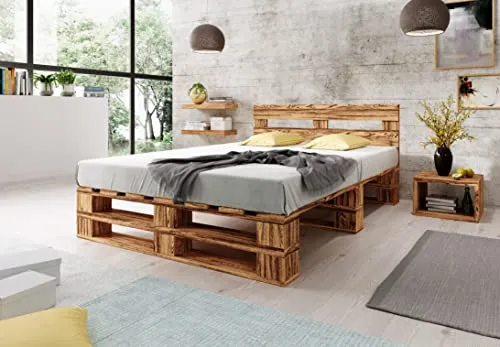 Lermowood Palettenbett M2 aus Holz 180 x 200 cm Geflammt mit Kopfteil Holzbett 30cm Stabiles Seniorenbett Kinderbett Jugendbett Gästebett erhöhtes Einzelbett Bettgestell Futon Komforthöhe Naturholz