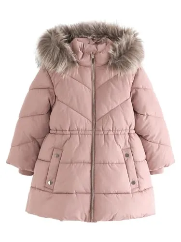 NEXT Mädchen Wasserabweisende Steppjacke mit Besatz aus Kunstfell Toffee Pink 116