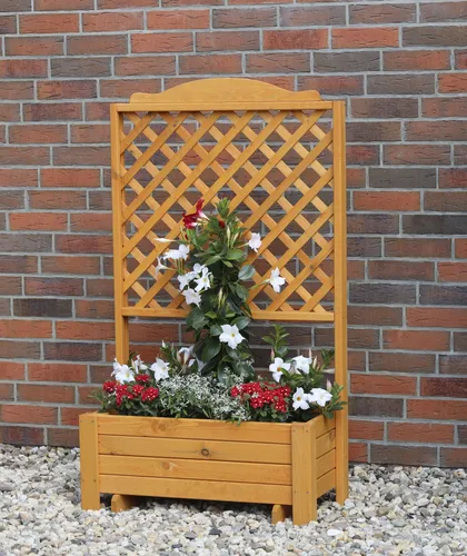 promadino Spalier Romantica mit Pflanzkasten – 80x38x140 cm, honigbraun - Pflanzenkästen & Spaliere: Bepflanzbares, winterfestes Spalier aus witterungsbeständigem Kiefernholz mit 54 l Pflanzkasten für eine schöne Gartenästhetik.