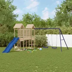vidaXL Spielturm Massivholz Kiefer mit Rutsche - Entdecke den perfekten Spielturm für deinen Garten! Aus robustem Kiefernholz gefertigt, bietet er eine Plattform, Rutsche, Schaukeln und Sandkästen – ideal für unendlichen Spielspaß und kreative Abenteuer im Freien.