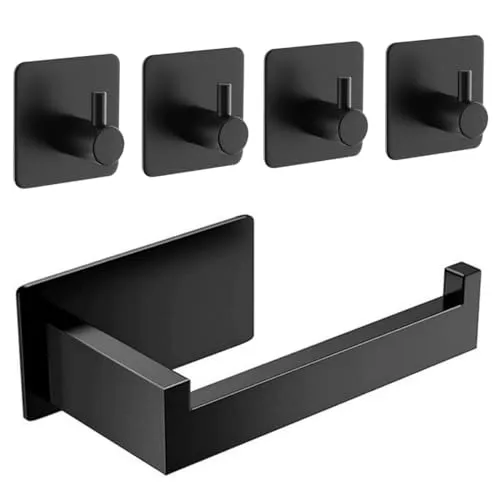 Toilettenpapierhalter Ohne Bohren, Klopapierhalter Ohne Bohren, Selbstklebend Toilettenpapierrollenhalter Edelstahl mit 4 Stück Handtuchhaken,Toilet Paper Holder für Bad und Küche(Schwarz)