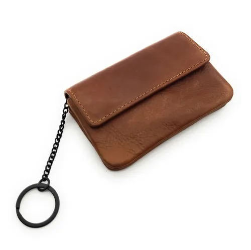 echt Leder Micro Geldbörse Schlüsseletui (Cognac) - Münzbörsen für Damen aus hochwertigem, gewachstem Rindleder mit RFID-Schutz, ideal für Karten, Geldscheine und Schlüssel – stilvoll und sicher für unterwegs.