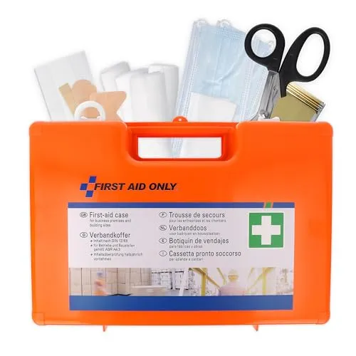 FIRST AID ONLY Verbandkoffer DIN 13169 - Kompakt und Sicher - Erste-Hilfe-Heftpflaster & Verbandsmaterial, extra kompakt und mobil (12,5x33,0x23,0 cm) mit auffälliger Neon-Orange Farbgebung für schnelle Auffindbarkeit im Notfall.