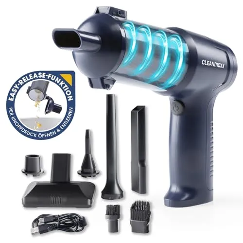 CLEANmaxx Akku-Handstaubsauger Set 9-tlg. 7,4V dunkelblau - Handstaubsauger mit 4 kPa Saugleistung, kabellos und tragbar – ideal für schnelle Sauberkeit in Haushalt, Auto und Co. Inkl. umfangreichem Zubehör und praktischer Easy-Release-Funktion.