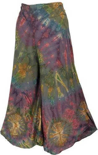 Batik Palazzohose - Grau/Bunt, Schlaghose im Ethno-Stil - Hosen aus 100% Viskose, leicht und luftig für den Frühling-Sommer, fair gehandelt in Thailand. Ideal für Hippie- und Goa-Looks.