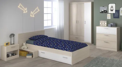 Parisot Jugendzimmer-Set Charly, (4-teilig, Stauraumbett 90x200 cm, Nachttisch, Kommode und Kleiderschrank 3-türig), inkl. Bettschubkasten