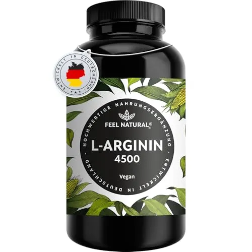 L-Arginin 365 vegane Kapseln - 4500mg HCL - Aminosäure L-Arginin | Hochdosiert mit 3750mg reinem L-Arginin pro Tagesdosis, vegan und ohne Zusätze, hergestellt in Deutschland für optimale Qualität.
