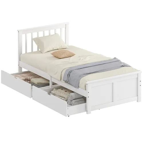 HOMCOM Bett 90 x 200 cm Bettrahmen mit Lattenrost aus Holz, Schublade, Unterbettaufbewahrung, Einzelbett, Holzbett mit Kopfteil, Bettgestell für Schlafzimmer, Gästezimmer, Weiß