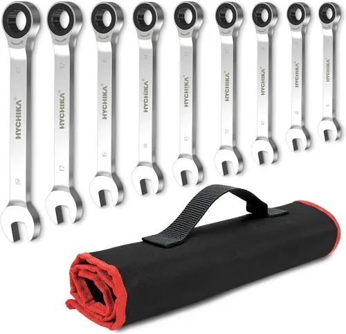 HYCHIKA Ratschenschlüssel Set, 9-teiliges Ringschlüssel Set für vielseitige Anwendungen - Vielseitiges 9-teiliges Ringschlüssel Set mit ergonomischem Griff für komfortables Arbeiten. Ideal für Mechanik und Bau, thermisch geschmiedet aus hochwertigem Chrom-Vanadium-Stahl für Langlebigkeit.