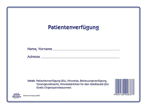 Avery Zweckform 2837 Patientenverfügung Set - Notizblöcke – Umfangreiches Vordruckset für Patientenverfügungen, inklusive Betreuungsverfügung und Organspendeausweis, ideal für rechtssichere Vorsorge.