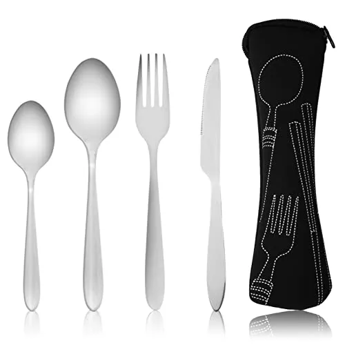 SZCXDKJ 4-teiliges Besteckset mit tragbarer Tasche, Camping-Besteck-Set aus Edelstahl mit Neopren-Tasche für Outdoor-Reisen, Picknick, Büro, Schulmittagessen