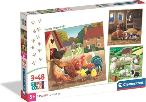 Clementoni - Puzzle fr Kinder, 3 x 48 Teile, Supercolor, fr Kinder ab 5 Jahren, Abbildung mit Bauernhoftieren, Geschenkidee, Italy, 21 x 20,5 cm, 25791