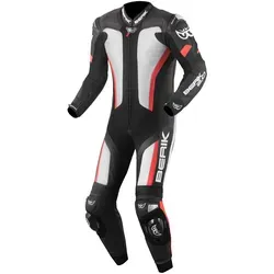 Berik Losail 1-Teiler Motorrad Lederkombi für Männer, schwarz-weiss-rot, Größe 50 - Motorradkombis aus 1,1-1,3 mm Premium Rindsleder mit Tense-Tex Stretch für optimale Flexibilität und Komfort, ideal für passionierte Fahrer.