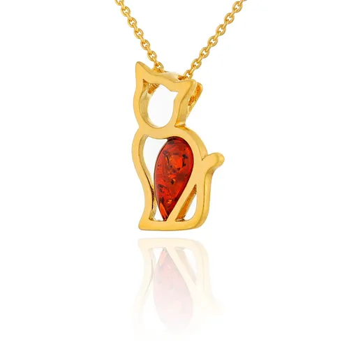 Vergoldetes Origami Katzen Halskette mit Bernstein in Cognacfarbe