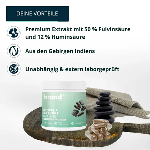 brandl® Shilajit Kapseln | 500mg Extrakt für Energie und Vitalität - Shilajit Kapseln mit 50% Fulvinsäure und 12% Huminsäure, vegan und ohne Zusatzstoffe. Ideal für mehr Energie und Wohlbefinden, abgefüllt in Deutschland und unabhängig laborgeprüft.