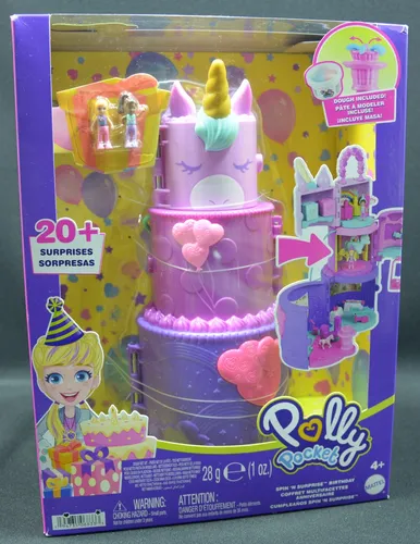 Mattel HHJ11 POLLY POCKET Einhorn Torte Geschenk - Puppen-Spielset für Geburtstagsfeiern, enthält eine bezaubernde Einhorn-Torte für unvergessliche Spielmomente.