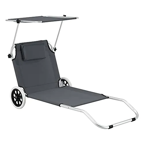 [en.casa] Sonnenliege Lazkano mit Rollen 150x62cm - Hochwertige Gartenliege mit verstellbarem Sonnenschutz und Rollen für einfache Mobilität. Ideal für entspannte Sonnenbäder und platzsparend zusammenklappbar.