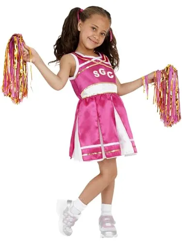 Cheerleader Kostüm für Kinder, Pink mit Kleid & Pom Poms (M) - Kostüme für Kinder, inkl. Kleid und Pompons, perfekt für Karneval oder Halloween, leichtes Material für hohen Tragekomfort, einfaches An- und Ausziehen mit Klettverschluss.