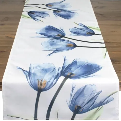 Tischläufer Tulpen blau, beige Creme, modern Bedruckte Motiv Tischdecke für Frühling und Sommer, 40x140 cm