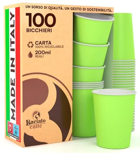 Baciato Caffè 100 Papierbecher, 200 ml, umweltfreundlich, biologisch abbaubar, Einweg-Asport, warme Getränke, bunt, grün