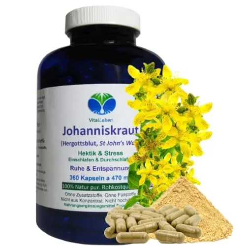 JOHANNISKRAUT 360 Kapseln - Natürliches Gleichgewicht für die Seele - Pflanzliches Ergänzungsmittel Johanniskraut, 100% Natur pur ohne Zusatzstoffe. Stärkt die psychische Belastbarkeit und fördert innere Ruhe bei Stimmungstiefs.