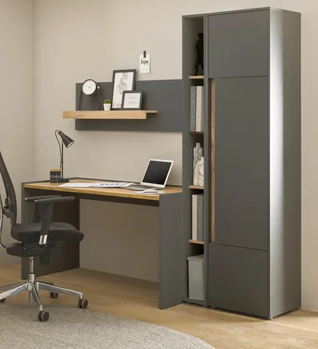 Furn.Design Schreibtischkombination, Grau & Wotan Eiche - Kinderschreibtische: Praktische 4-teilige Bürokombination mit viel Stauraum und eleganter Melaminbeschichtung für ein stilvolles und organisiertes Homeoffice.