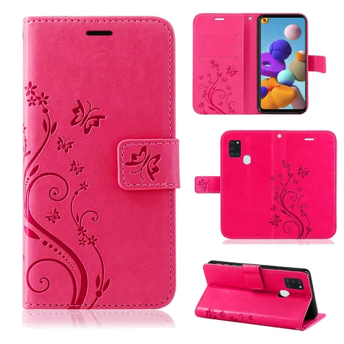 Handy Tasche für Samsung Galaxy A21s Hülle Case Etui Flip Cover TPU Blume Pink