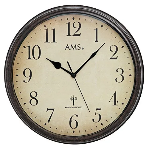 AMS Wanduhr 5962 Funkuhr, Ø 32 cm - Elegante Funkuhr im Vintage-Stil mit braunem Metallgehäuse und automatischer Zeitumstellung, ideal für stilvolle Wohnräume.