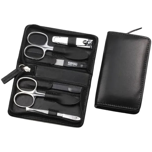 Sonnenschein by Hans Kniebes | Maniküre Set 6 teilig | Nagelschere, Hautschere, Nagelknipser, Nagelfeile, Pinzette, Doppelinstrument | Nagelpflegeset Nappa-Lammleder Manicure Etui