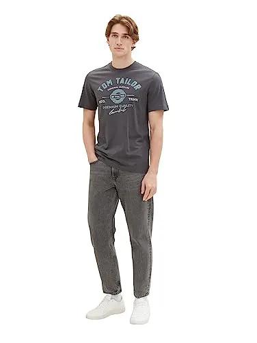 TOM TAILOR Herren T-Shirt mit Logo-Print aus Baumwolle, Tarmac Grey, L