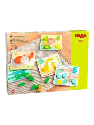 HABA 306708 - Zuordnungsspielzeug Wilde Tiere - Gesellschaftsspiel für Kleinkinder, fördert Zählen und erstes Lesen mit bunten Holzplättchen und niedlichen Tier-Familien.