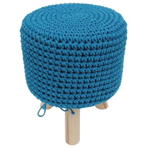 Hellblauer Sitzhocker mit Holzfuß und Strickpolster
