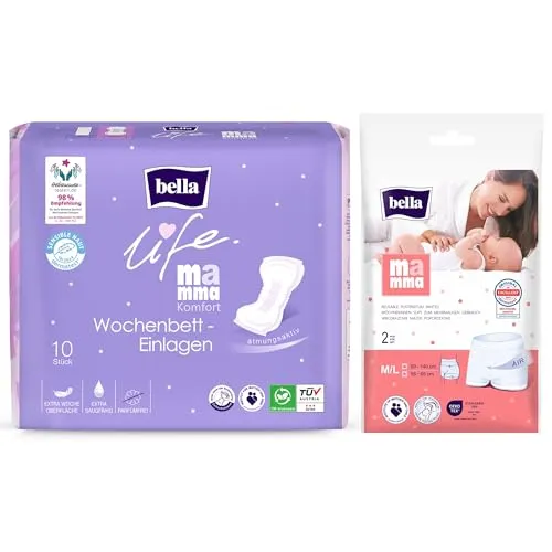 bella life Mamma Komfort Wochenbett-Einlagen 30 Stück + 6 Slips M/L | dermatologisch getestet | von Hebammen empfohlen | parfümfrei & atmungsaktiv | Wochenbett-Binden & Wöchnerinnen-Slips