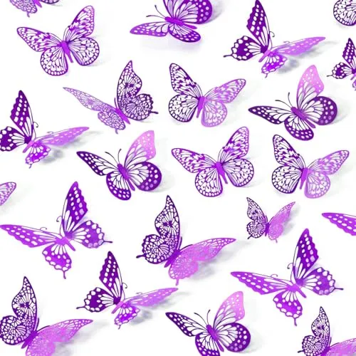 UCLEVER 3D Schmetterlinge Lila metallic Deko, 48 Stück 4 Stile, 3 Größen Schmetterling Dekorationen für Geburtstag & Party Feiern (Lila)