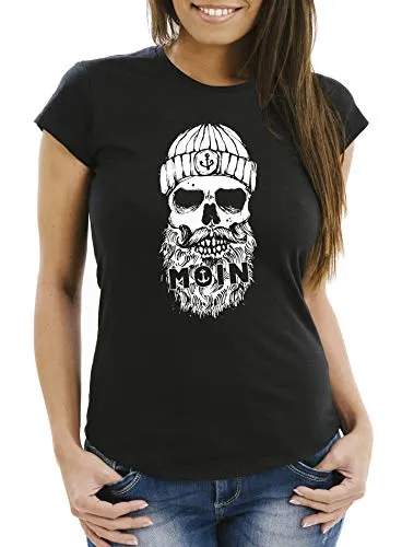 Neverless® Damen T-Shirt Moin Totenkopf Anker Skull Slim Fit schwarz L