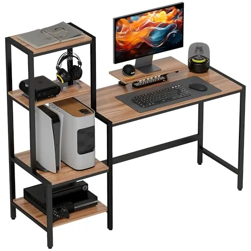 HOMCOM Schreibtisch mit Monitorständer und 4 Regalen - Moderner Computertisch für Home Office, mit ergonomischer Monitorerhöhung für bessere Körperhaltung und vielseitig anpassbaren Regalen für optimalen Stauraum.