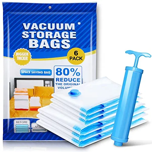 Epxee Vakuumbeutel für Kleidung 6 Stück in 3 x Jumbo und 3 x Groß, Vakumierbeutel Aufbewahrungstasche mit Staubsauger Handpumpe