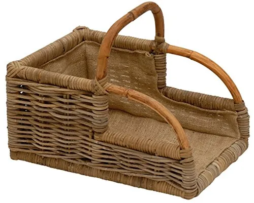 Holzkorb Landhaus, Kaminholzkorb mit Griff zum Tragen und Lagern von Holz-Scheiten, Korb aus ungeschältem Rattan Grau mit Inlett (Klein)